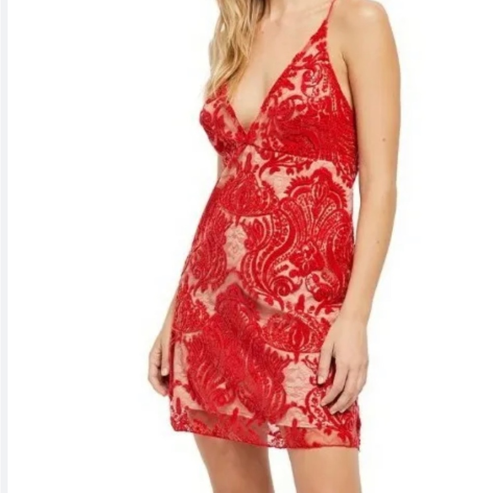 red free people dress sequin, nude lace, nude underlay